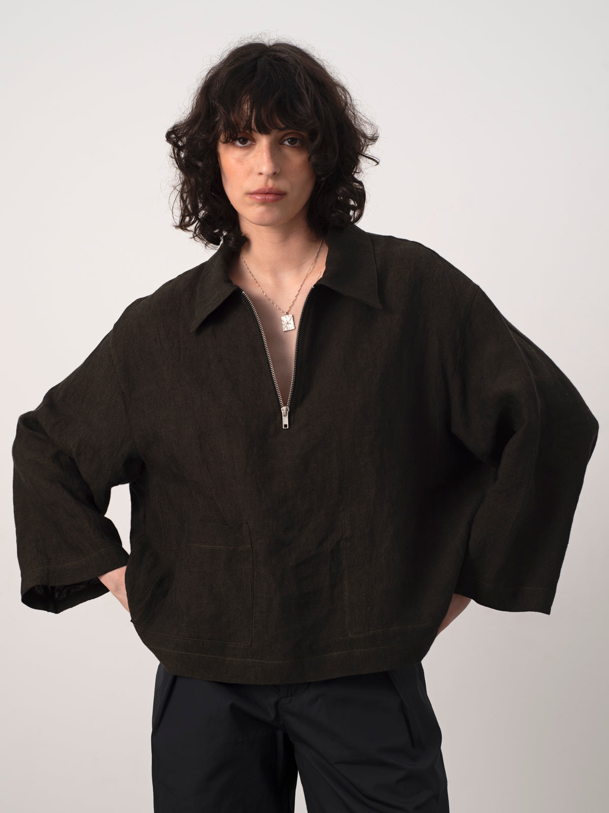 Brown Linen Half-Zip Pullover