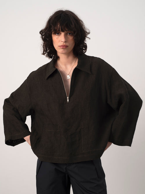 Brown Linen Half-Zip Pullover