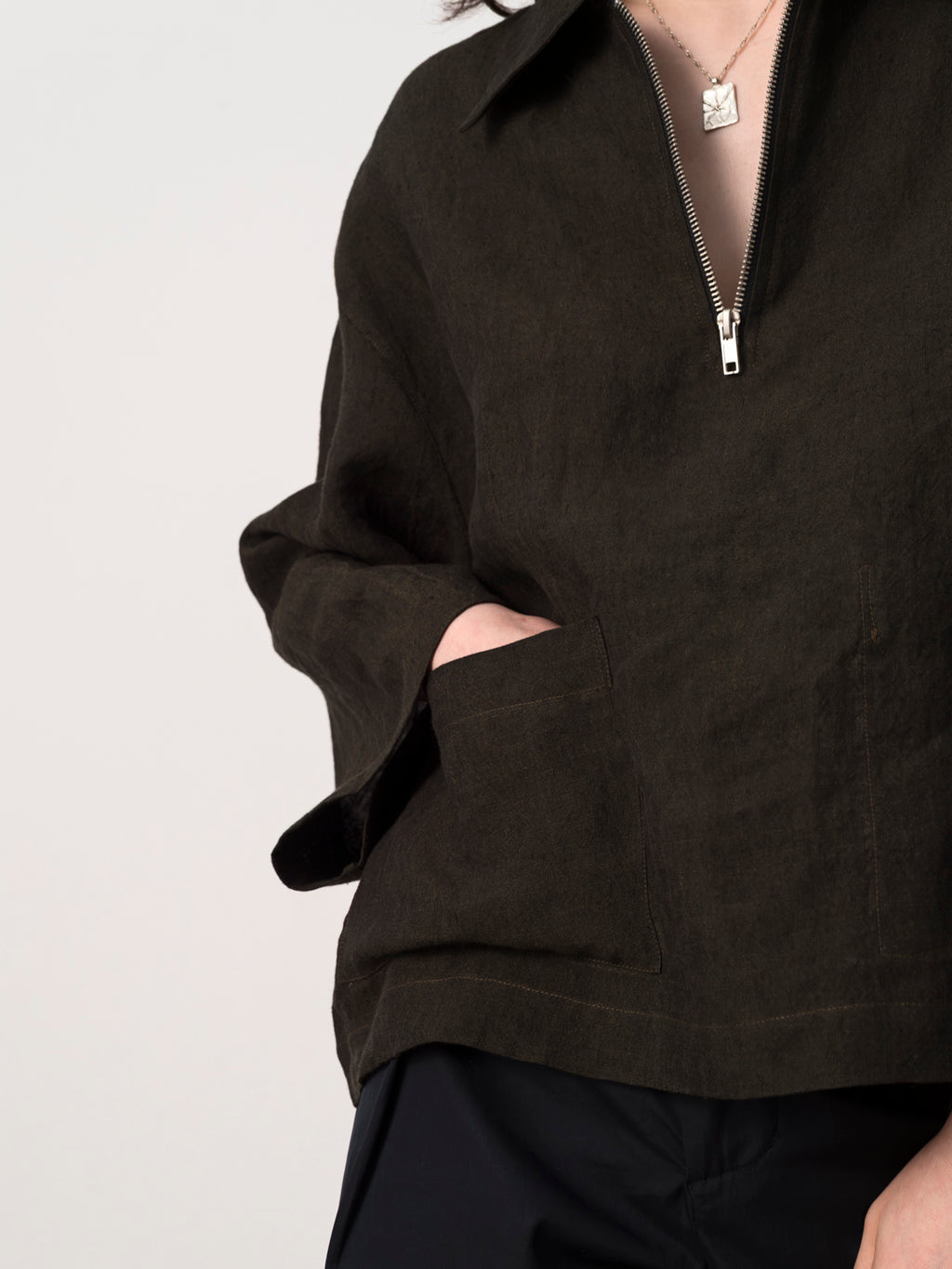 Brown Linen Half-Zip Pullover