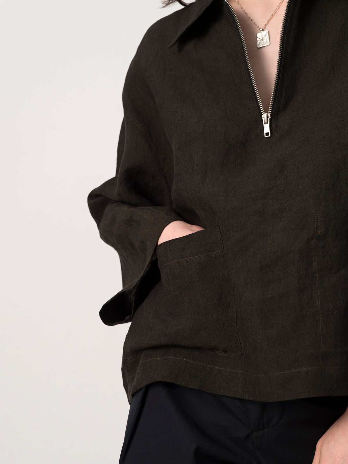 Brown Linen Half-Zip Pullover